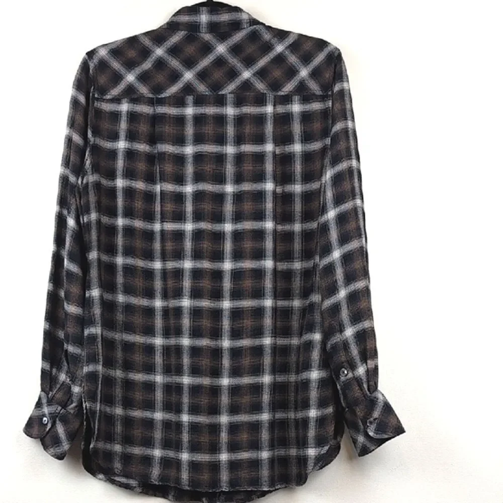 Peruvian Connection Ruffled Button Front Plaid Shirt Top Size M - Picture 6 of 8